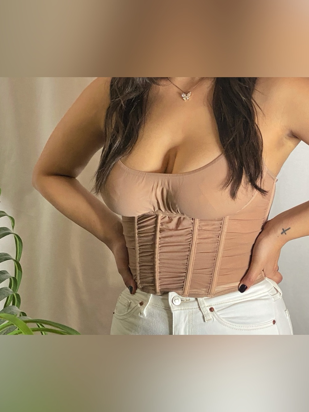 Nude Ruched Corset Crop Top with Scoop Neckline